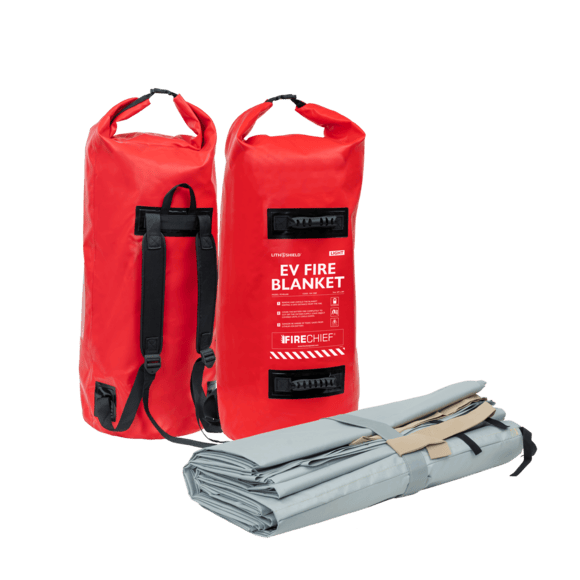Two red cylindrical carrying bags labeled “EV Fire Blanket” with straps, alongside a folded gray fire blanket designed for electric vehicle fire emergencies.